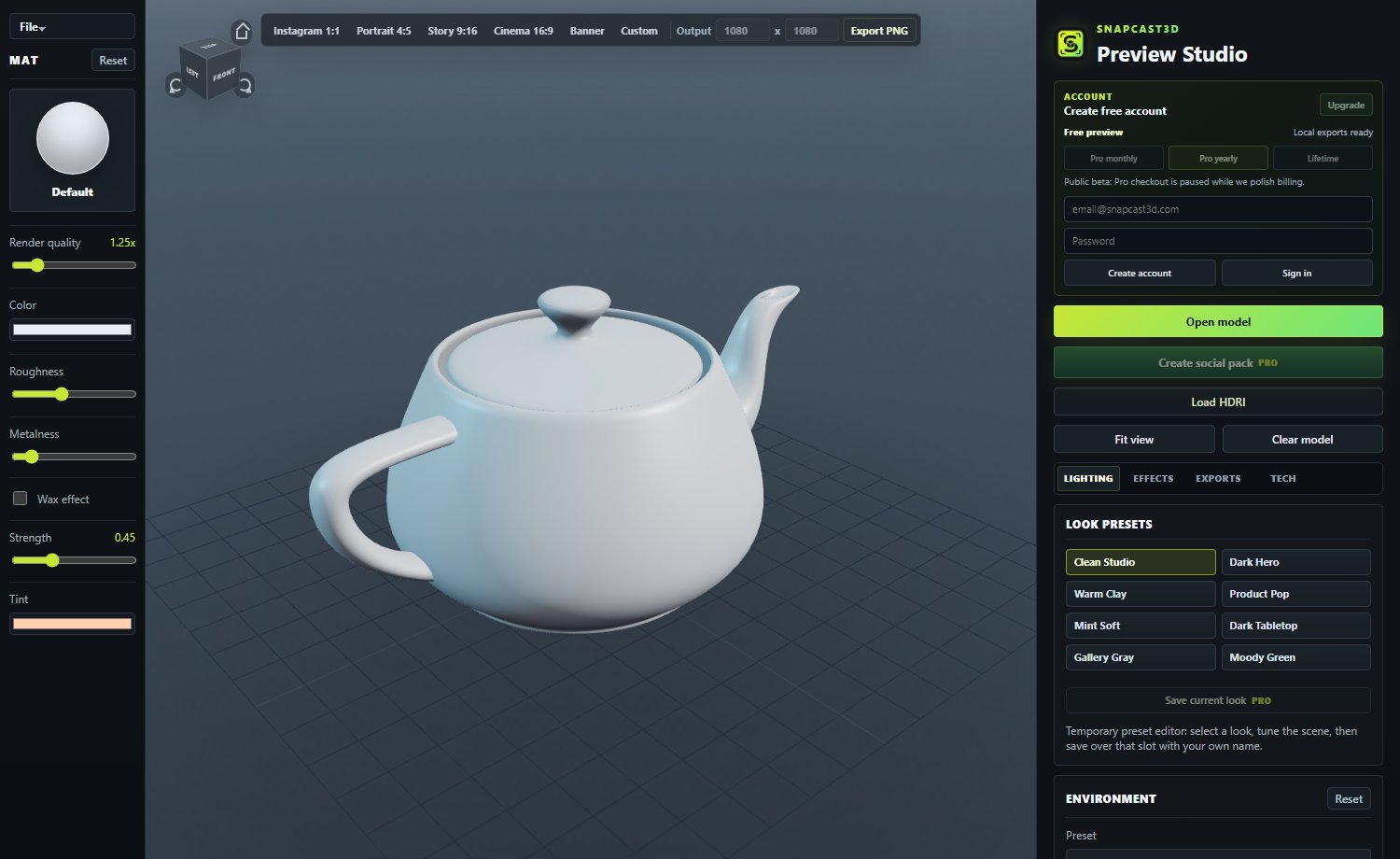 SnapCast3D Previewer staging a 3D model for product imagery