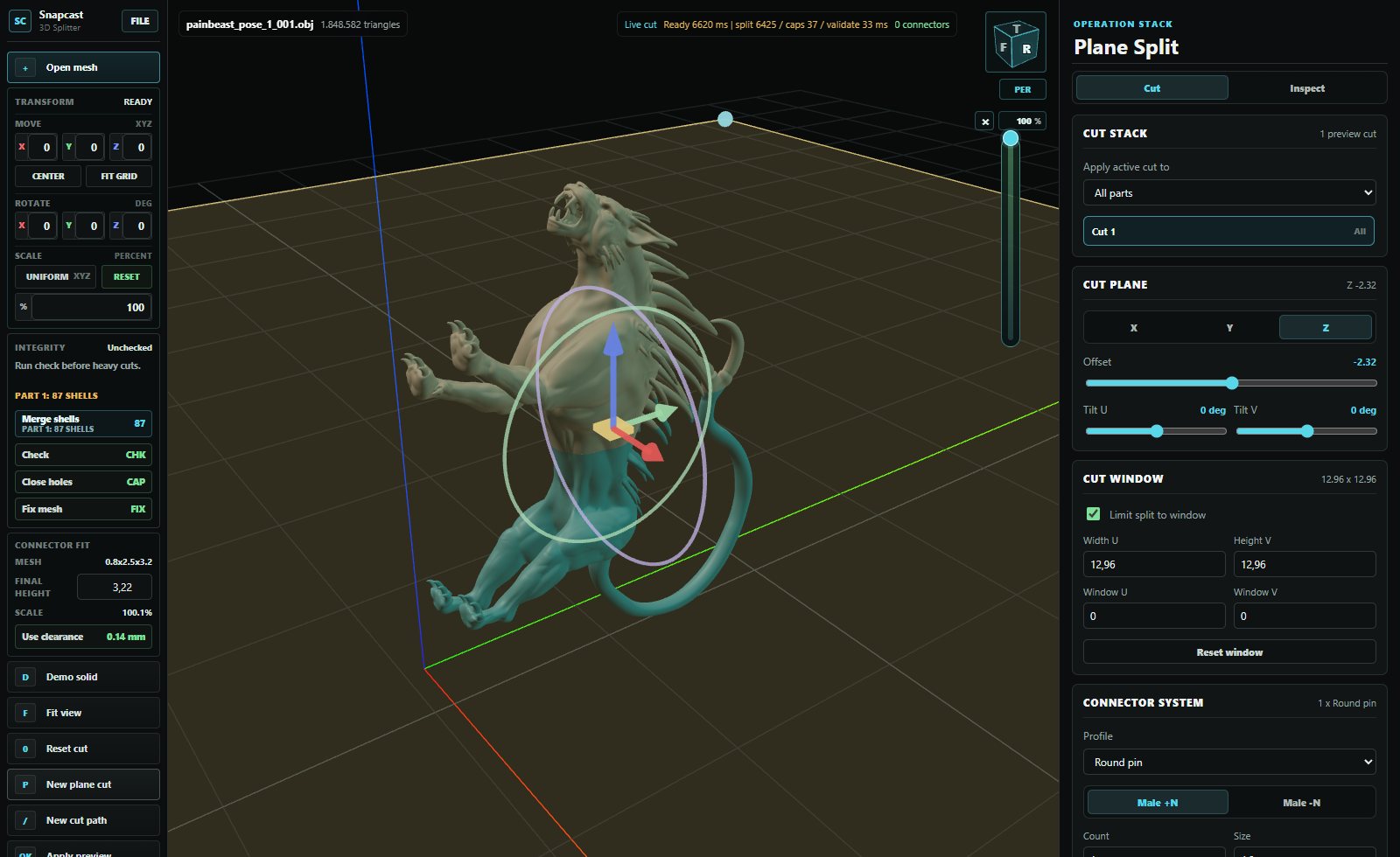 SnapCast3D Splitter cutting a 1.8 million triangle creature sculpt